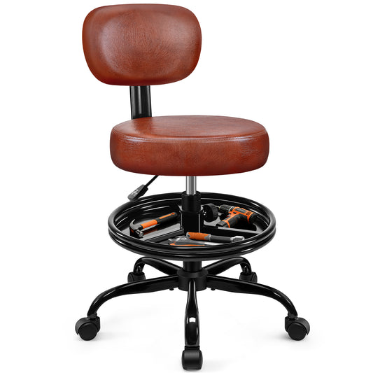 Model TC001 Shop Stool with Wheels for Garage, Mechanics Rolling Chair with Backrest, Adjustable Height Heavy Duty Garage Stool with Footrest and Storage Tray, Swivel Task Chair for Workshop Kitchen Salon