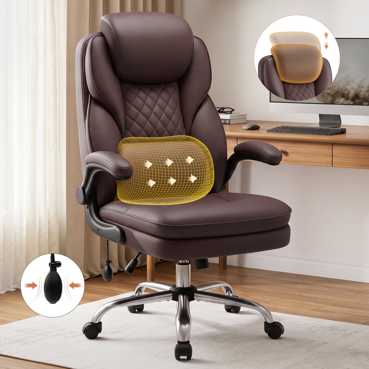BestGlory Ergonomic Office Chair with Adjustable Lumbar Support & Headrest, Executive Computer Desk Chair with Double Seat Cushion, Big and Tall Gaming Chair for Lower Back Pain Relief