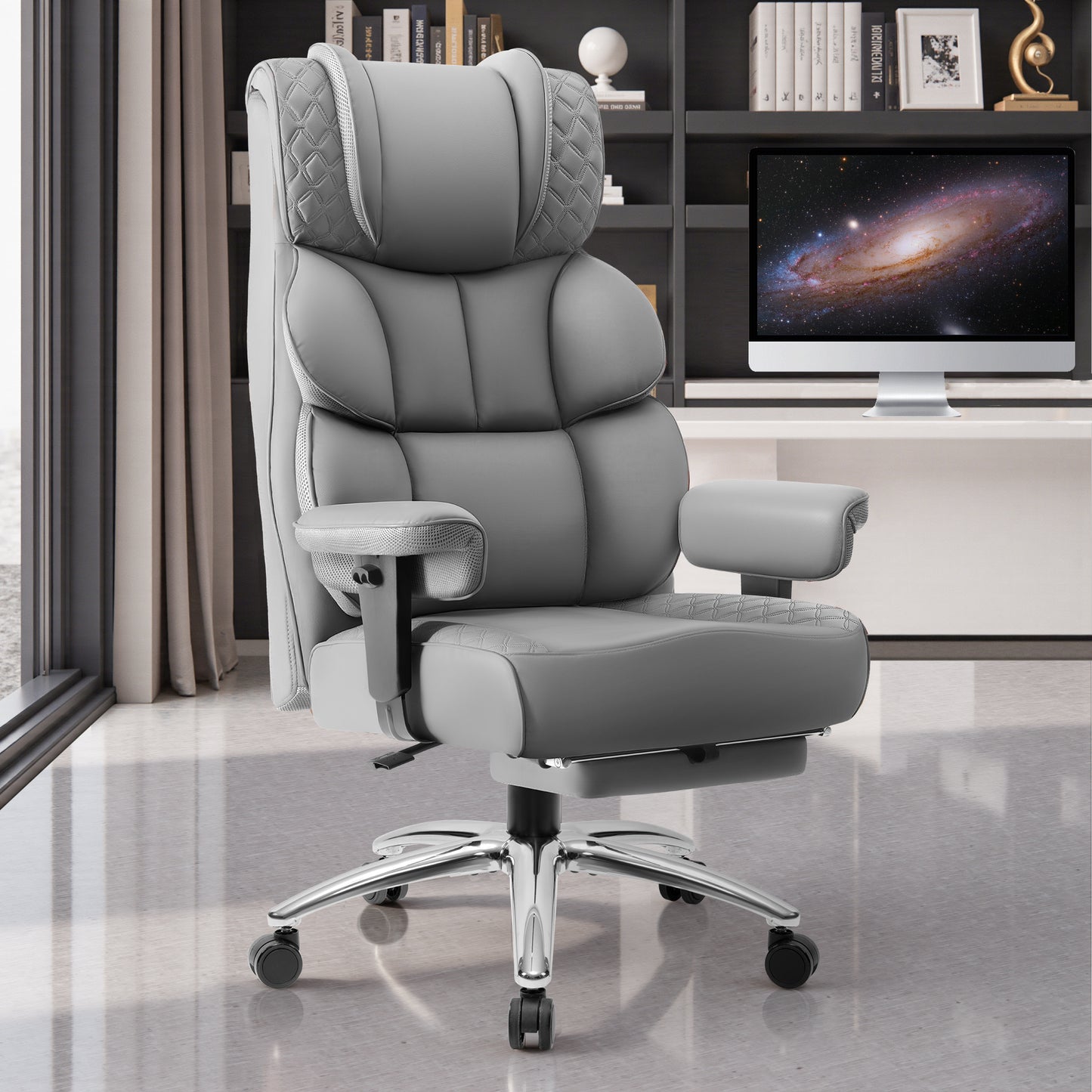 Model 309 Office Desk Chair, Big and Tall Leather Gaming Chair with Footrest, Wide Ergonomic Comfy Executive High-Back Reclining Computer Chairs, Swivel Rolling Wheels and Padded Lumbar Support
