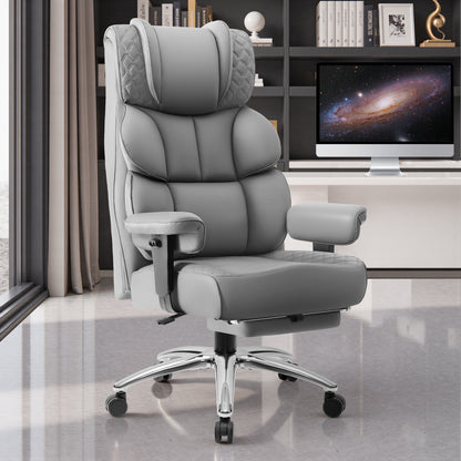 Model 309 Office Desk Chair, Big and Tall Leather Gaming Chair with Footrest, Wide Ergonomic Comfy Executive High-Back Reclining Computer Chairs, Swivel Rolling Wheels and Padded Lumbar Support