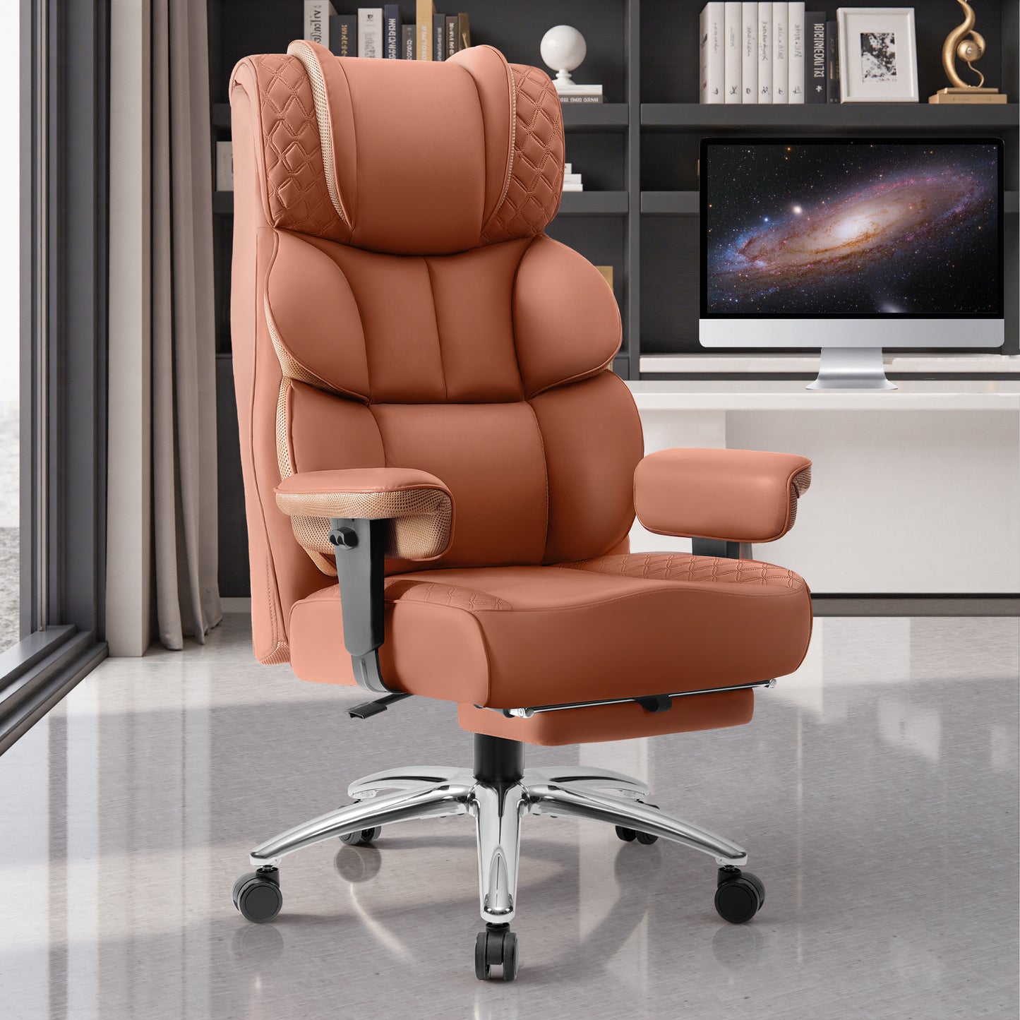 Model 309 Office Desk Chair, Big and Tall Leather Gaming Chair with Footrest, Wide Ergonomic Comfy Executive High-Back Reclining Computer Chairs, Swivel Rolling Wheels and Padded Lumbar Support