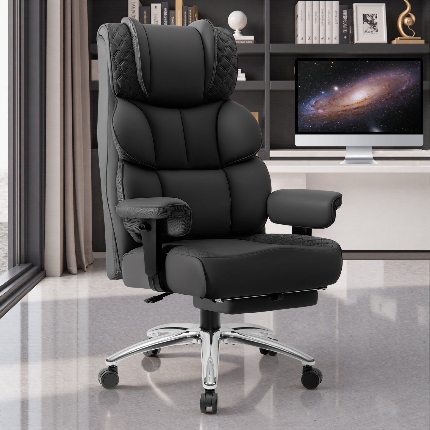 Model 309 Office Desk Chair, Big and Tall Leather Gaming Chair with Footrest, Wide Ergonomic Comfy Executive High-Back Reclining Computer Chairs, Swivel Rolling Wheels and Padded Lumbar Support