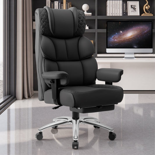 Model 309 Office Desk Chair, Big and Tall Leather Gaming Chair with Footrest, Wide Ergonomic Comfy Executive High-Back Reclining Computer Chairs, Swivel Rolling Wheels and Padded Lumbar Support