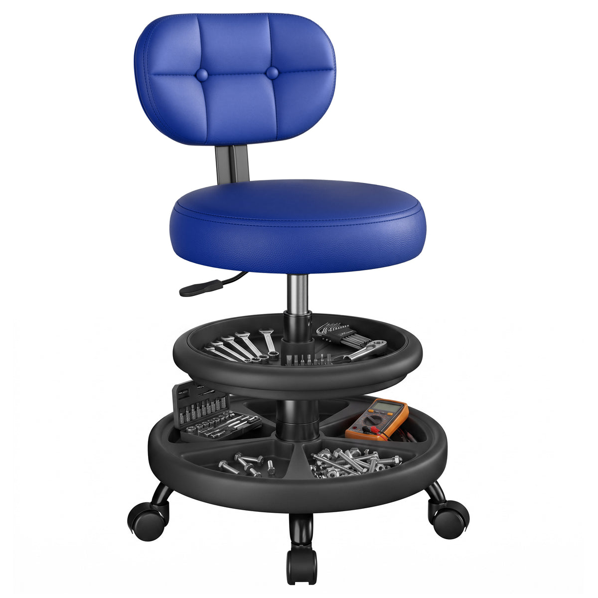 Rolling Shop Stool with Wheels, Adjustable Height Heavy Duty Garage Stool with Double Storage Tray, Garage Mechanic Stool Chair with Backrest for Workshop Kitchen Salon, Blue