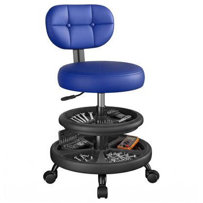 Rolling Shop Stool with Wheels, Adjustable Height Heavy Duty Garage Stool with Double Storage Tray, Garage Mechanic Stool Chair with Backrest for Workshop Kitchen Salon, Blue
