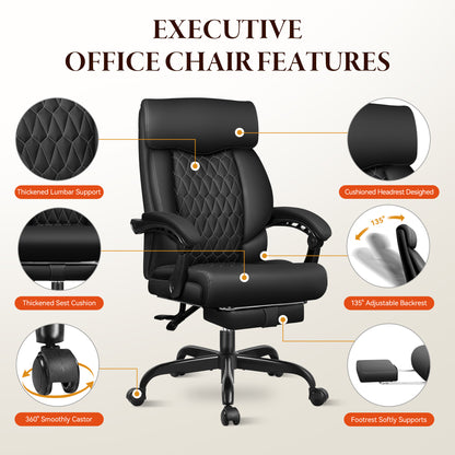 Big and Tall Office Chair with Footrest - Ergonomic High Back Leather Executive Computer Chair | Reclining Home Office Desk Chair with Lumbar Support