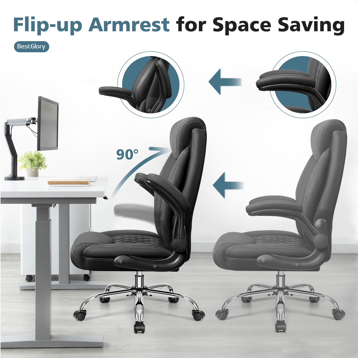 Model 5200 Office Chair, Ergonomic High Back Home Office Desk Chair, Big and Tall Breathable Leather Office Chair with Lumbar Support Flip-Up Armrests, Computer Gaming Chair with Rocking Function