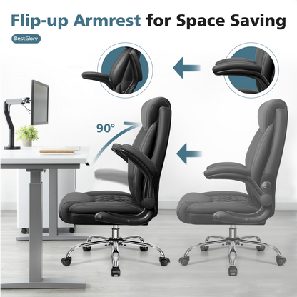Model 5200 Office Chair, Ergonomic High Back Home Office Desk Chair, Big and Tall Breathable Leather Office Chair with Lumbar Support Flip-Up Armrests, Computer Gaming Chair with Rocking Function