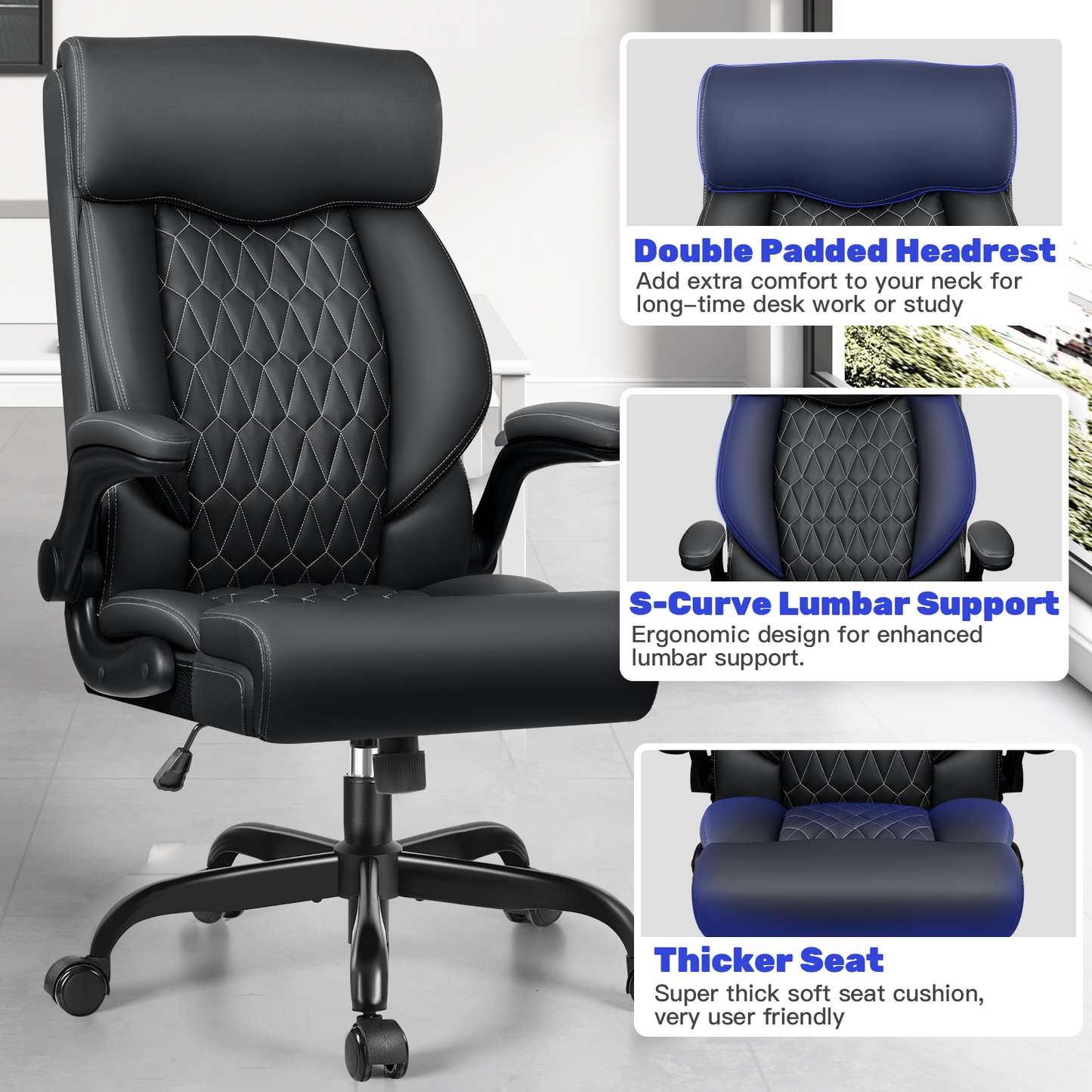 Model 488 High Back Executive Office Chair - Ergonomic Computer Desk with Rocking Function, Leather Managerial with Adjustable Flip-Up Armrests and Lumbar Support