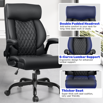 Model 488 High Back Executive Office Chair - Ergonomic Computer Desk with Rocking Function, Leather Managerial with Adjustable Flip-Up Armrests and Lumbar Support