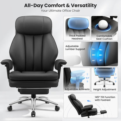 Model 3602 Office Chair 400lbs with Inflatable Lumbar, Ergonomic Double-Layer Cushion & Footrest, Relieve Back Pain, Big and Tall Computer Desk Chair for Home Office Gaming, Scratch-Resistant Leather