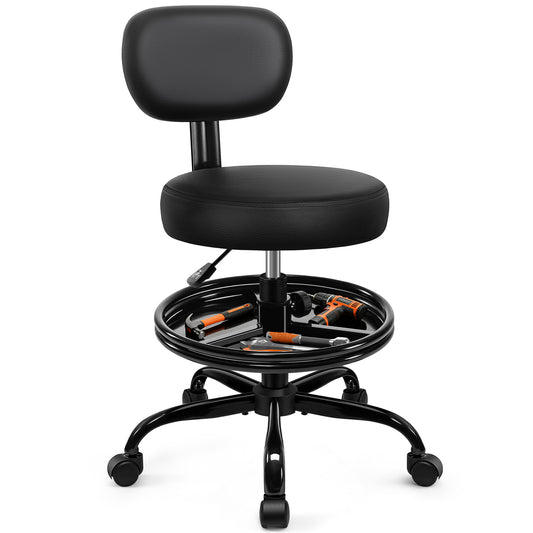 Model TC001 Shop Stool with Wheels for Garage, Mechanics Rolling Chair with Backrest, Adjustable Height Heavy Duty Garage Stool with Footrest and Storage Tray, Swivel Task Chair for Workshop Kitchen Salon