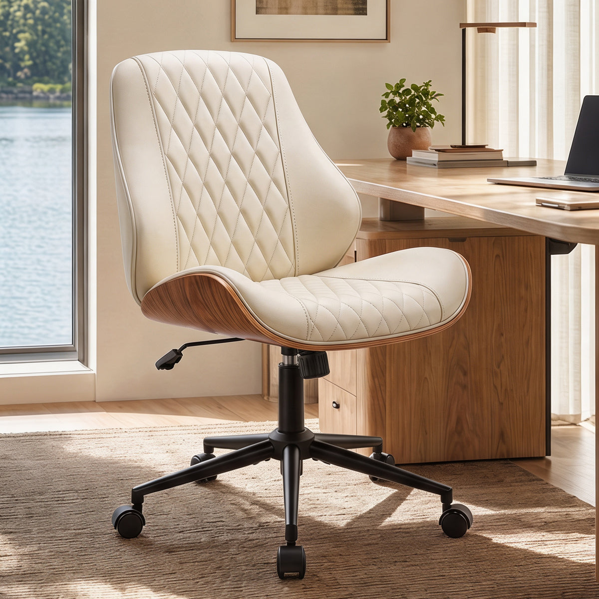BestGlory Modern Faux Leather Office Chair, Armless Desk Chair, Home Office Diamond Stitching, Rocking, Walnut Accents, Adjustable Height, 360° Swivel, Rolling, 300 lbs Capacity, Computer Chair