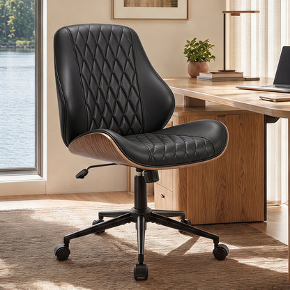 BestGlory Modern Faux Leather Office Chair, Armless Desk Chair, Home Office Diamond Stitching, Rocking, Walnut Accents, Adjustable Height, 360° Swivel, Rolling, 300 lbs Capacity, Computer Chair
