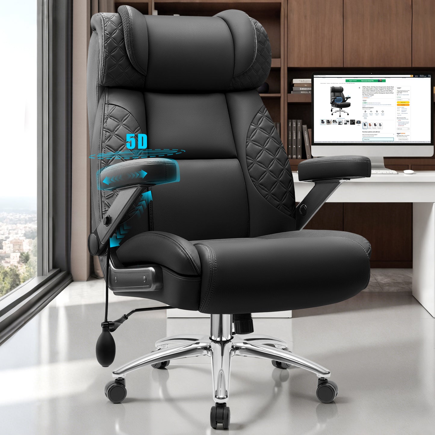 Model 310 Big and Tall Office Chair, Desk Computer Chair for Heavy People, Oversized Executive Gaming Chair, Extra Wide 500LBS Ergonomic Comfy Office Chair with Adjustable Lumbar Support & 5D Flip Arms
