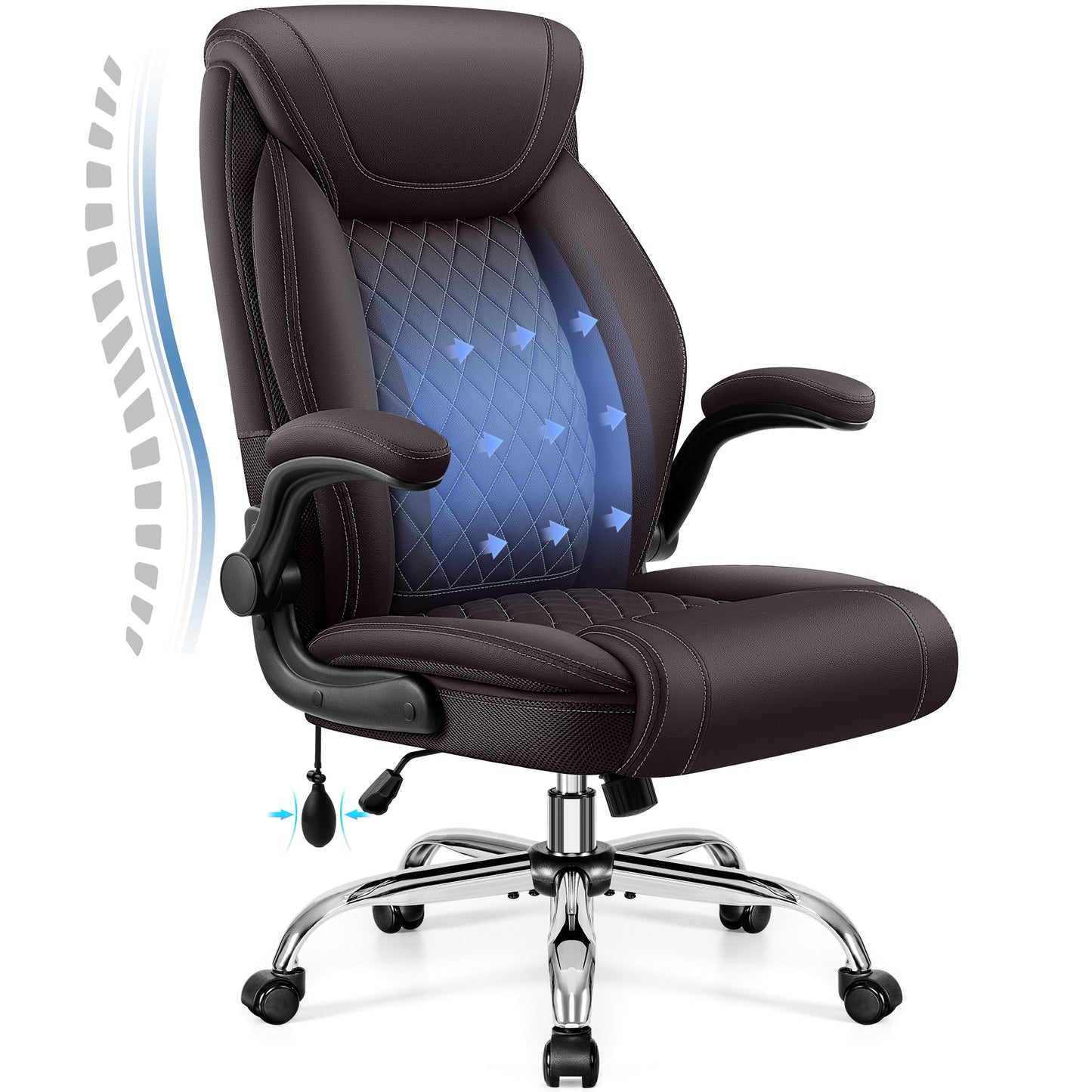 Model 5201 Office Chair, Big and Tall Ergonomic Desk Chair, Executive Leather Computer Chair with Adjustable Lumbar Support, Comfy Gaming Chair with Flip Up Arms, Swivel PC Chair with Rocking Function
