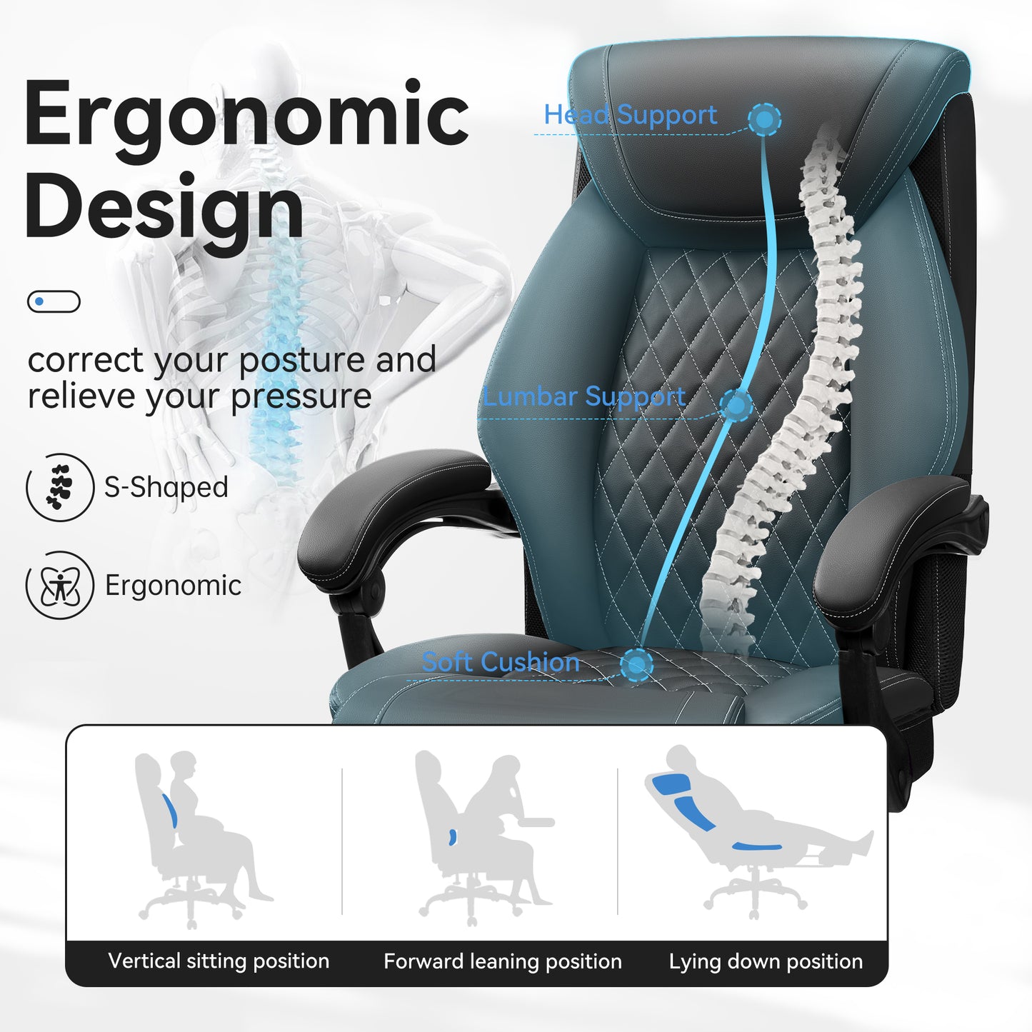 Office Chair, Executive Leather Chair High Back, Ergonomic Computer Desk Chair Lumbar Support, Big and Tall Office Chair with Footrest, Comfy Reclining Chair for Home Office