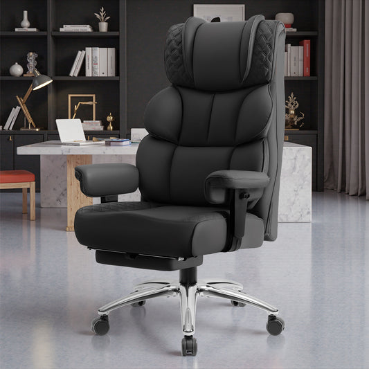 Model 309 Office Desk Chair, Big and Tall Leather Gaming Chair with Footrest, Wide Ergonomic Comfy Executive High-Back Reclining Computer Chairs, Swivel Rolling Wheels and Padded Lumbar Support