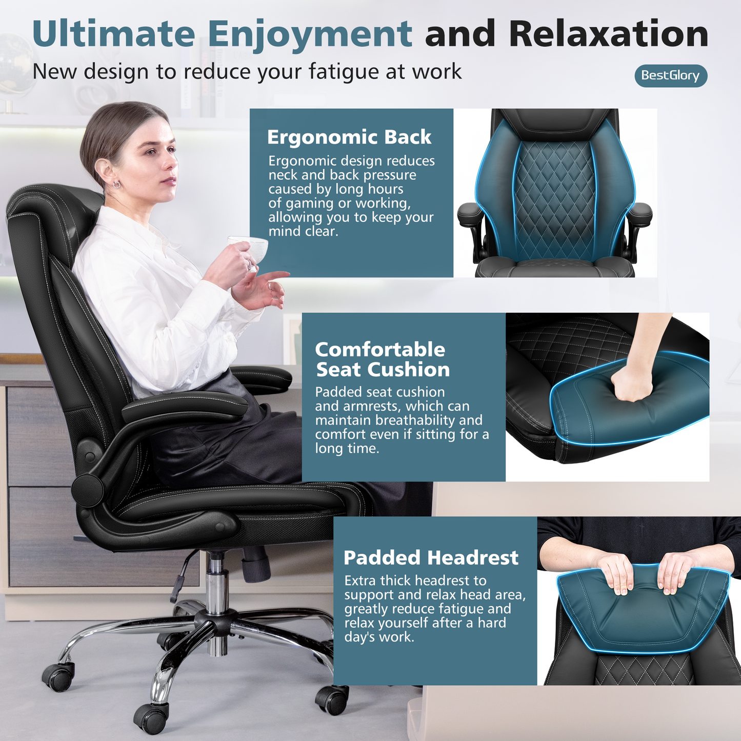 Model 5200 Office Chair, Ergonomic High Back Home Office Desk Chair, Big and Tall Breathable Leather Office Chair with Lumbar Support Flip-Up Armrests, Computer Gaming Chair with Rocking Function