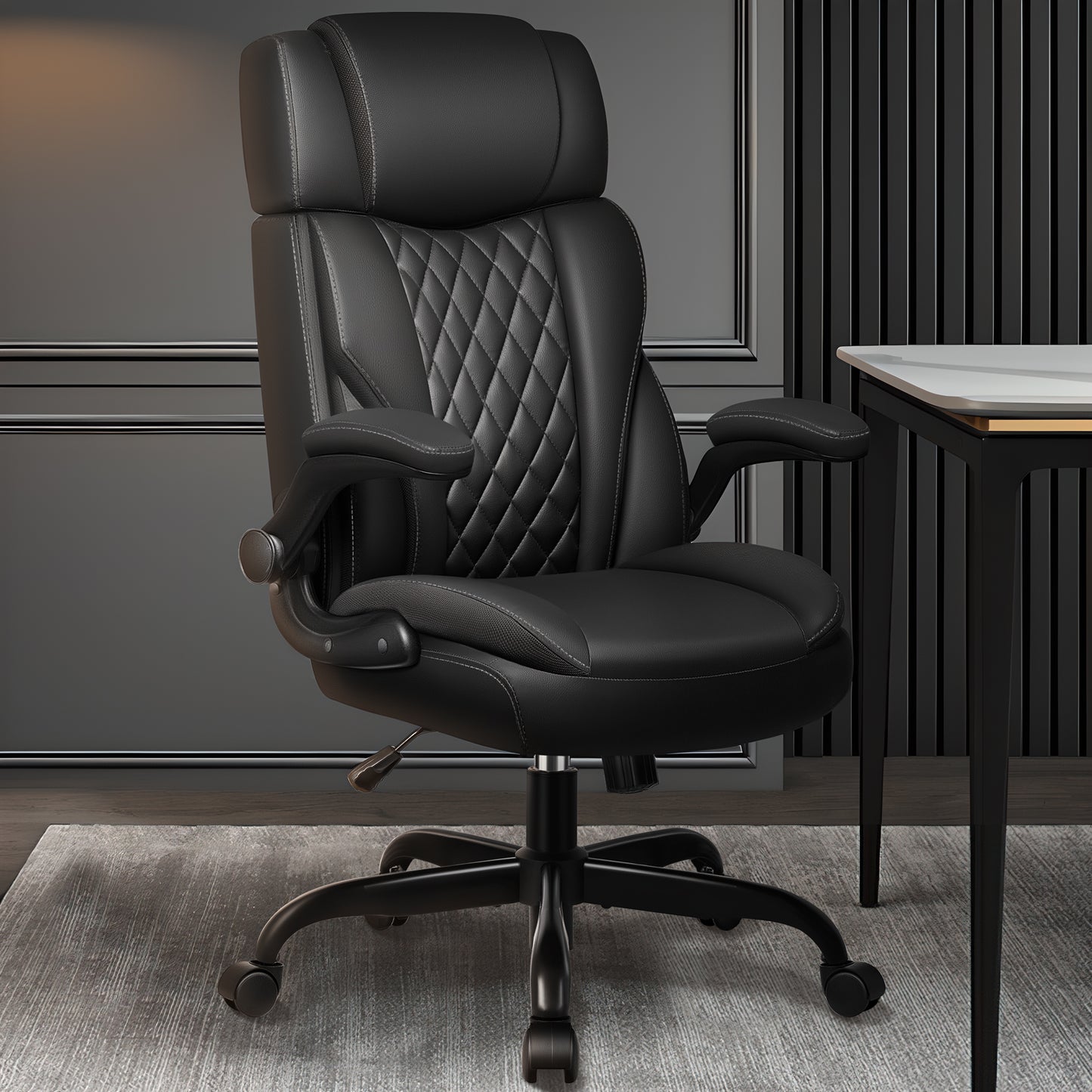Model 688 Office Chair Flip Up Arms, Executive Leather Office Chair Ergonomic Desk Chair with Lumbar Support, Adjustable Headrest, Computer Chair Home Office Desk Chair with Rocking Function