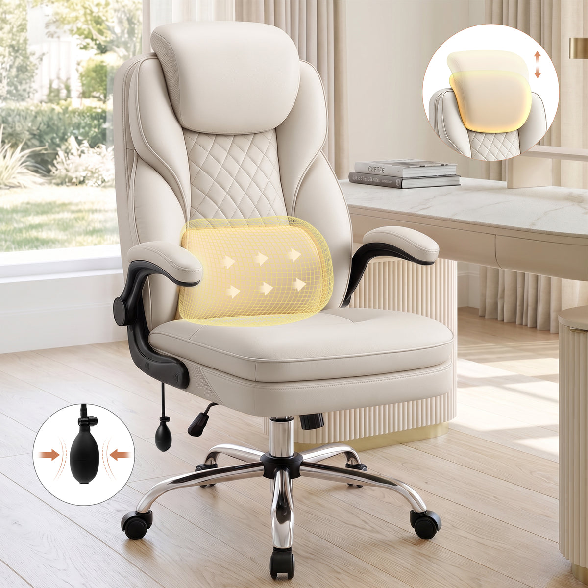 BestGlory Ergonomic Office Chair with Adjustable Lumbar Support & Headrest, Executive Computer Desk Chair with Double Seat Cushion, Big and Tall Gaming Chair for Lower Back Pain Relief