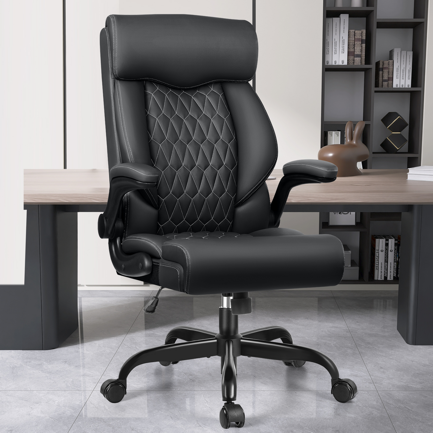 Model 488 High Back Executive Office Chair - Ergonomic Computer Desk with Rocking Function, Leather Managerial with Adjustable Flip-Up Armrests and Lumbar Support
