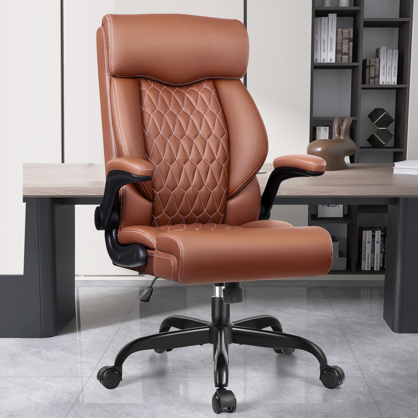 Model 488 High Back Executive Office Chair - Ergonomic Computer Desk with Rocking Function, Leather Managerial with Adjustable Flip-Up Armrests and Lumbar Support
