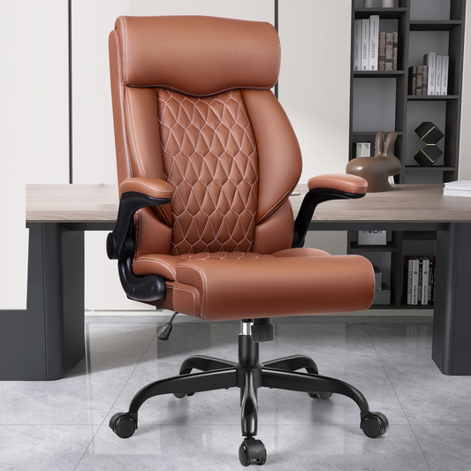 Model 488 High Back Executive Office Chair - Ergonomic Computer Desk with Rocking Function, Leather Managerial with Adjustable Flip-Up Armrests and Lumbar Support