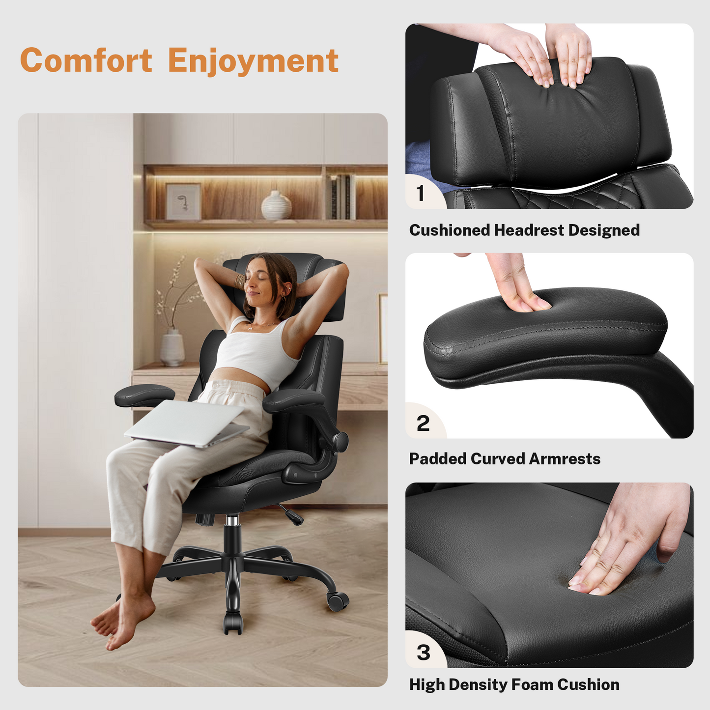 Model 688 Office Chair Flip Up Arms, Executive Leather Office Chair Ergonomic Desk Chair with Lumbar Support, Adjustable Headrest, Computer Chair Home Office Desk Chair with Rocking Function