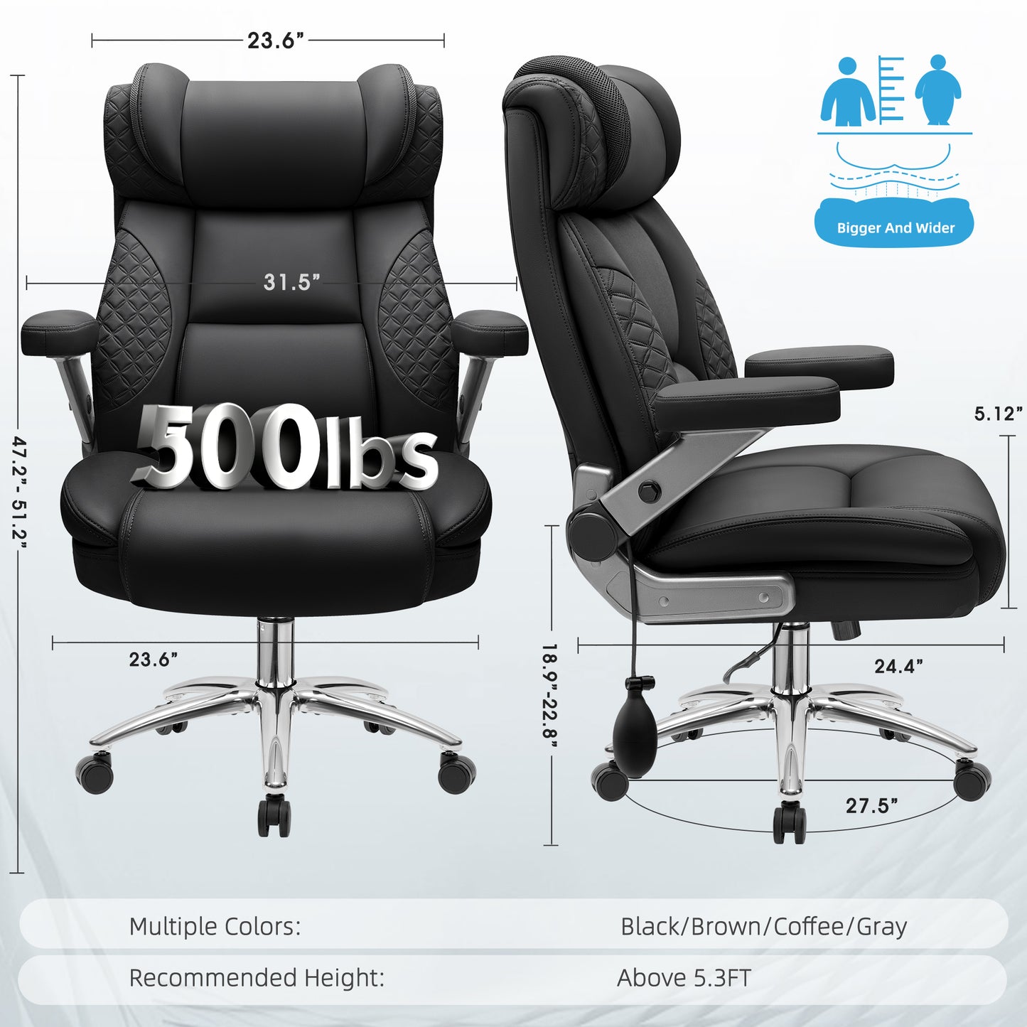 Model 310 Big and Tall Office Chair, Desk Computer Chair for Heavy People, Oversized Executive Gaming Chair, Extra Wide 500LBS Ergonomic Comfy Office Chair with Adjustable Lumbar Support & 5D Flip Arms