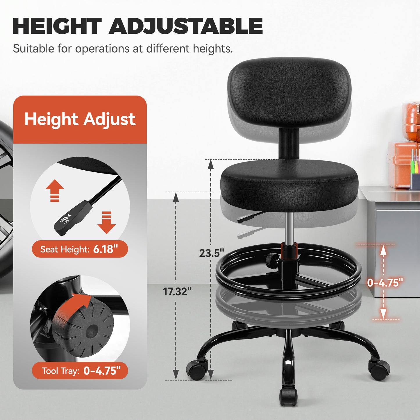 Model TC001 Shop Stool with Wheels for Garage, Mechanics Rolling Chair with Backrest, Adjustable Height Heavy Duty Garage Stool with Footrest and Storage Tray, Swivel Task Chair for Workshop Kitchen Salon