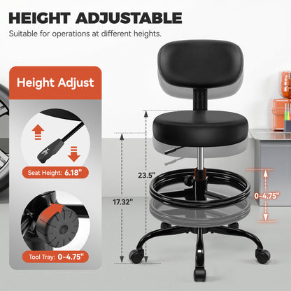 Model TC001 Shop Stool with Wheels for Garage, Mechanics Rolling Chair with Backrest, Adjustable Height Heavy Duty Garage Stool with Footrest and Storage Tray, Swivel Task Chair for Workshop Kitchen Salon