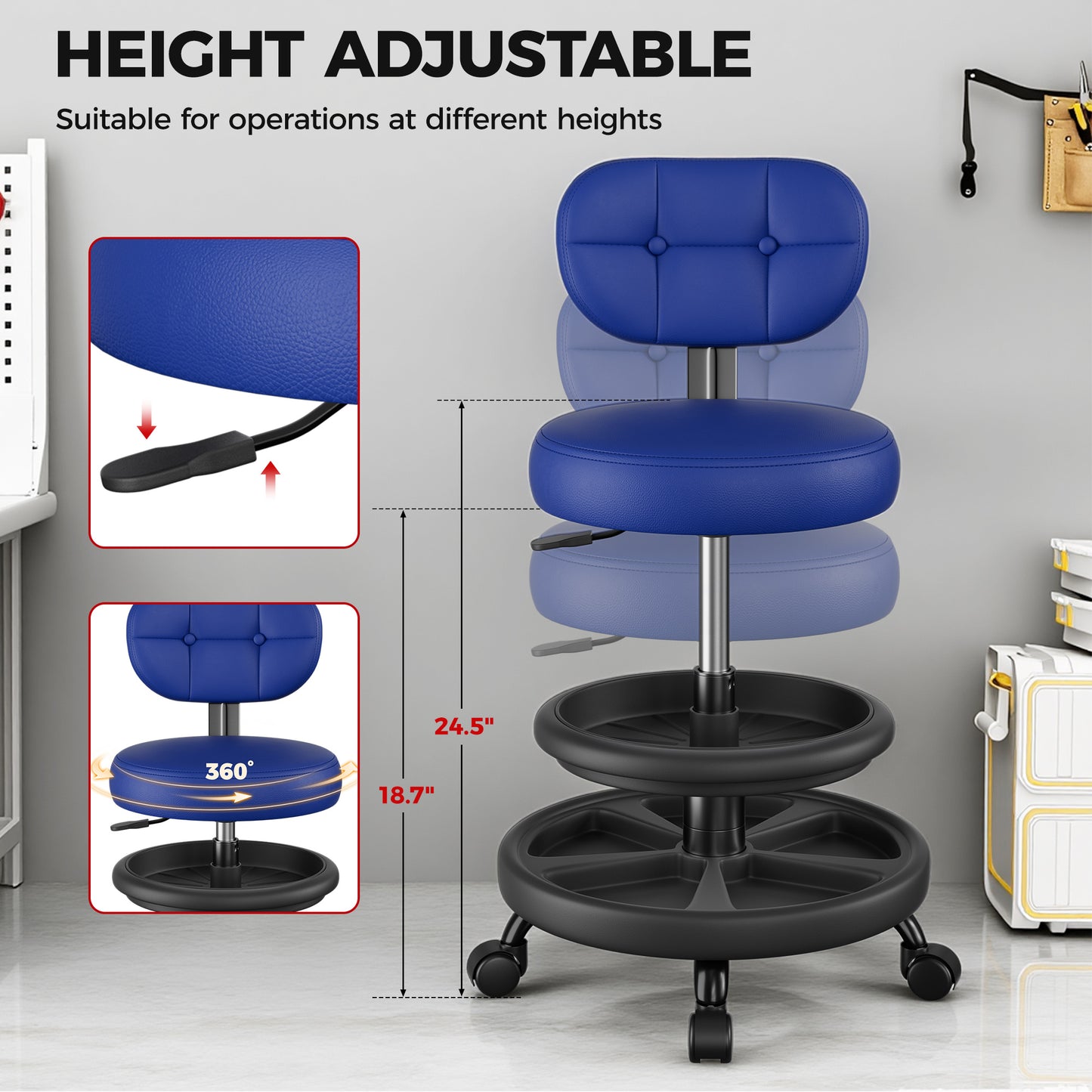 Rolling Shop Stool with Wheels, Adjustable Height Heavy Duty Garage Stool with Double Storage Tray, Garage Mechanic Stool Chair with Backrest for Workshop Kitchen Salon, Blue