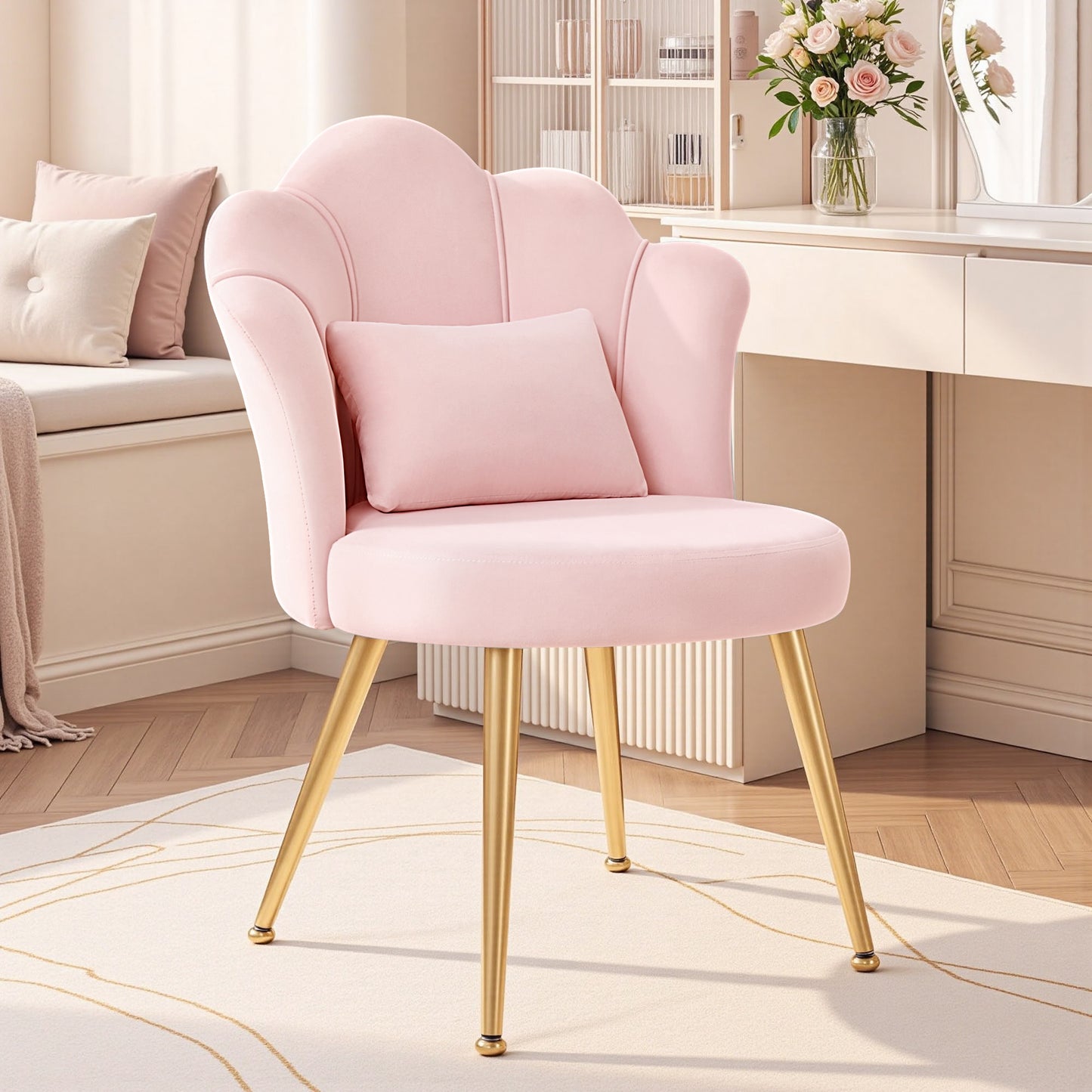 Model 1021 Petal Makeup Vanity Chair with Back, Flower Chair Comfy No Wheels for Girls Women, Makeup Chair with Golden Metal Legs & Lumbar Pillow for Living Room/Makeup Room/Bedroom/Home Office