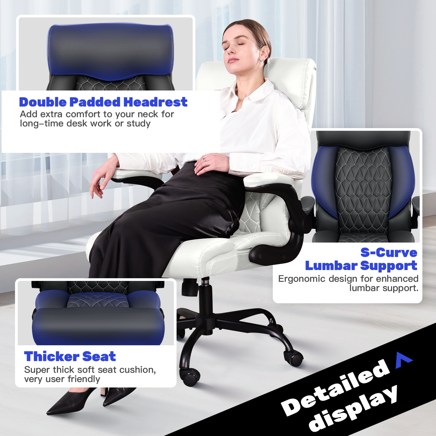 Model 488 High Back Executive Office Chair - Ergonomic Computer Desk with Rocking Function, Leather Managerial with Adjustable Flip-Up Armrests and Lumbar Support