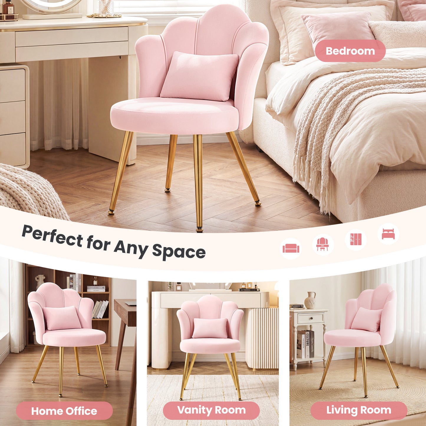 Model 1021 Petal Makeup Vanity Chair with Back, Flower Chair Comfy No Wheels for Girls Women, Makeup Chair with Golden Metal Legs & Lumbar Pillow for Living Room/Makeup Room/Bedroom/Home Office