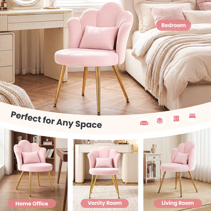 Model 1021 Petal Makeup Vanity Chair with Back, Flower Chair Comfy No Wheels for Girls Women, Makeup Chair with Golden Metal Legs & Lumbar Pillow for Living Room/Makeup Room/Bedroom/Home Office