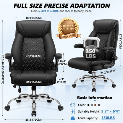 Model 5201 Office Chair, Big and Tall Ergonomic Desk Chair, Executive Leather Computer Chair with Adjustable Lumbar Support, Comfy Gaming Chair with Flip Up Arms, Swivel PC Chair with Rocking Function