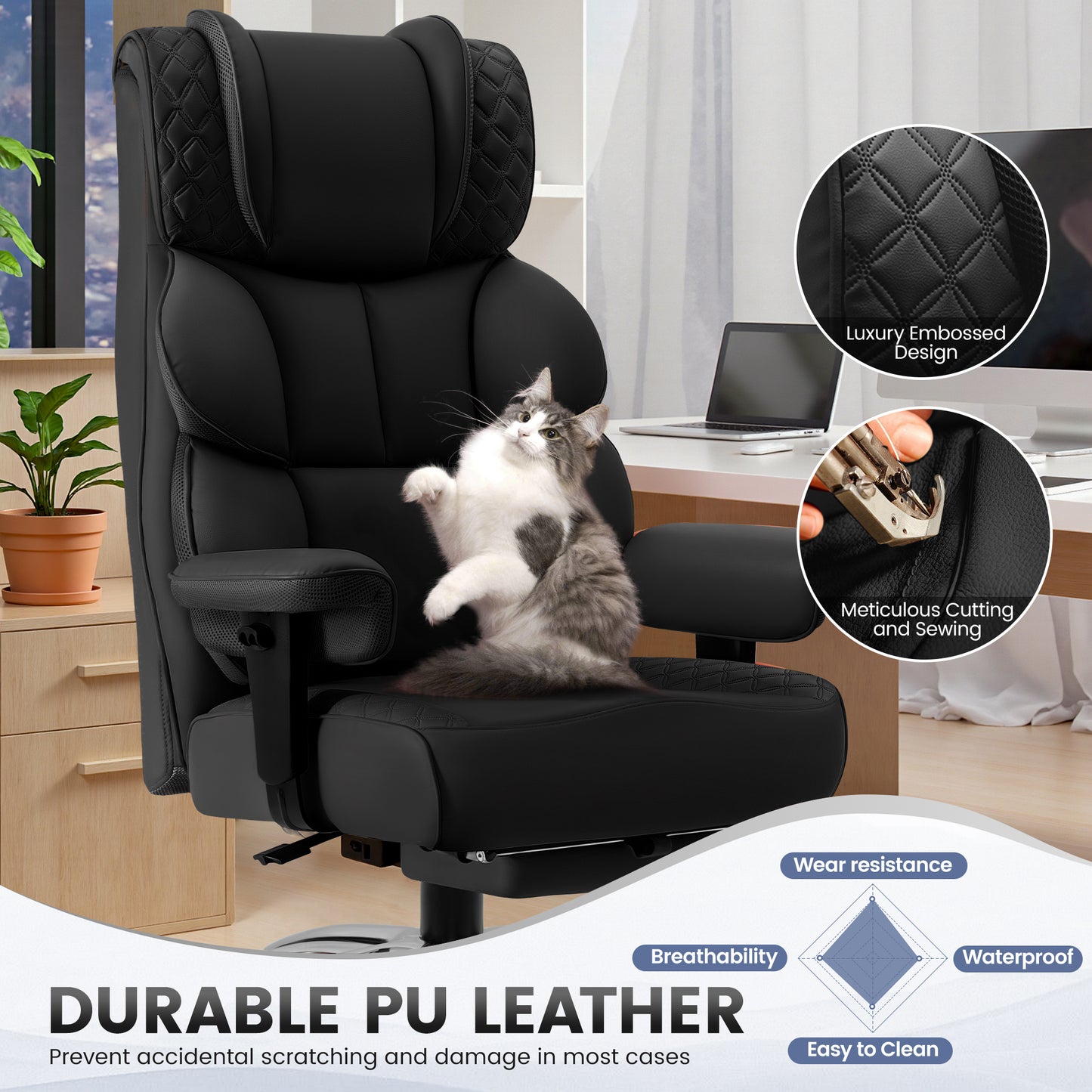 Model 309 Office Desk Chair, Big and Tall Leather Gaming Chair with Footrest, Wide Ergonomic Comfy Executive High-Back Reclining Computer Chairs, Swivel Rolling Wheels and Padded Lumbar Support