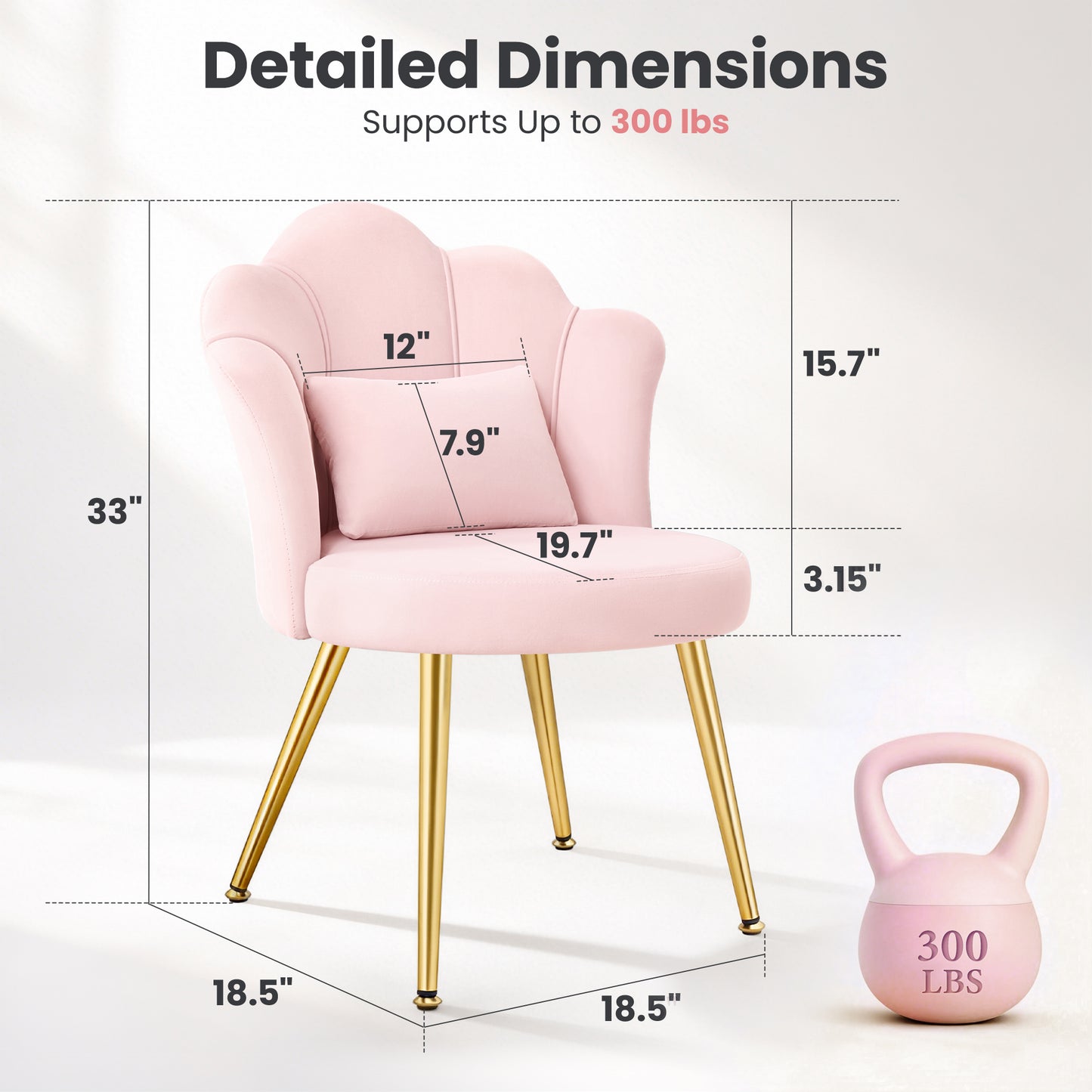 Model 1021 Petal Makeup Vanity Chair with Back, Flower Chair Comfy No Wheels for Girls Women, Makeup Chair with Golden Metal Legs & Lumbar Pillow for Living Room/Makeup Room/Bedroom/Home Office