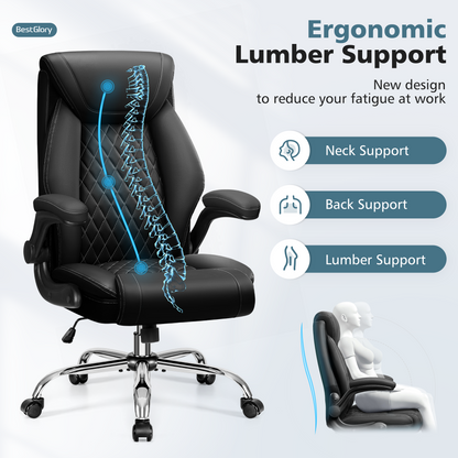 Model 5200 Office Chair, Ergonomic High Back Home Office Desk Chair, Big and Tall Breathable Leather Office Chair with Lumbar Support Flip-Up Armrests, Computer Gaming Chair with Rocking Function