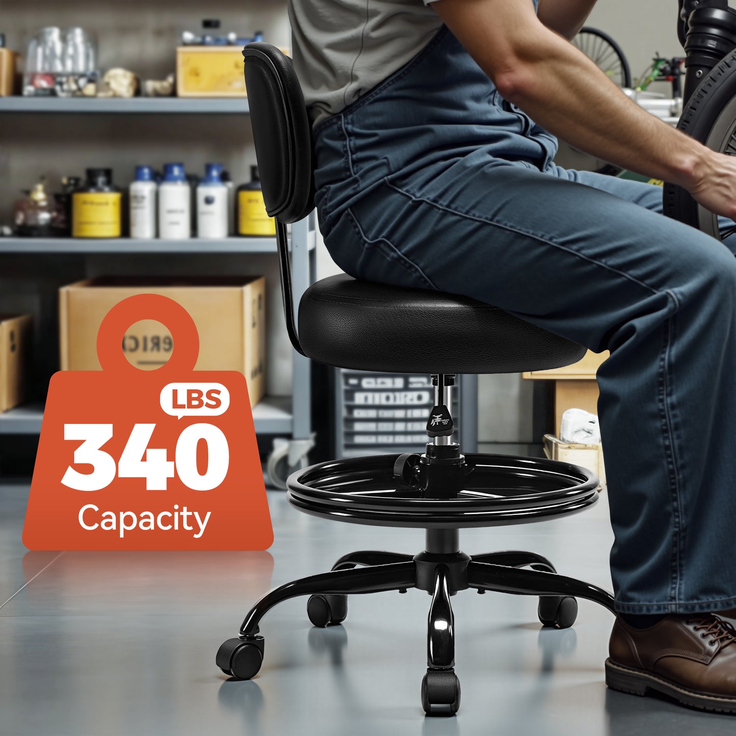 Model TC001 Shop Stool with Wheels for Garage, Mechanics Rolling Chair with Backrest, Adjustable Height Heavy Duty Garage Stool with Footrest and Storage Tray, Swivel Task Chair for Workshop Kitchen Salon