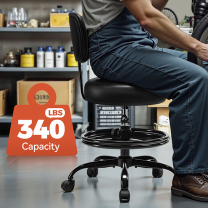 Model TC001 Shop Stool with Wheels for Garage, Mechanics Rolling Chair with Backrest, Adjustable Height Heavy Duty Garage Stool with Footrest and Storage Tray, Swivel Task Chair for Workshop Kitchen Salon