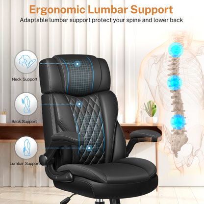 Model 688 Office Chair Flip Up Arms, Executive Leather Office Chair Ergonomic Desk Chair with Lumbar Support, Adjustable Headrest, Computer Chair Home Office Desk Chair with Rocking Function