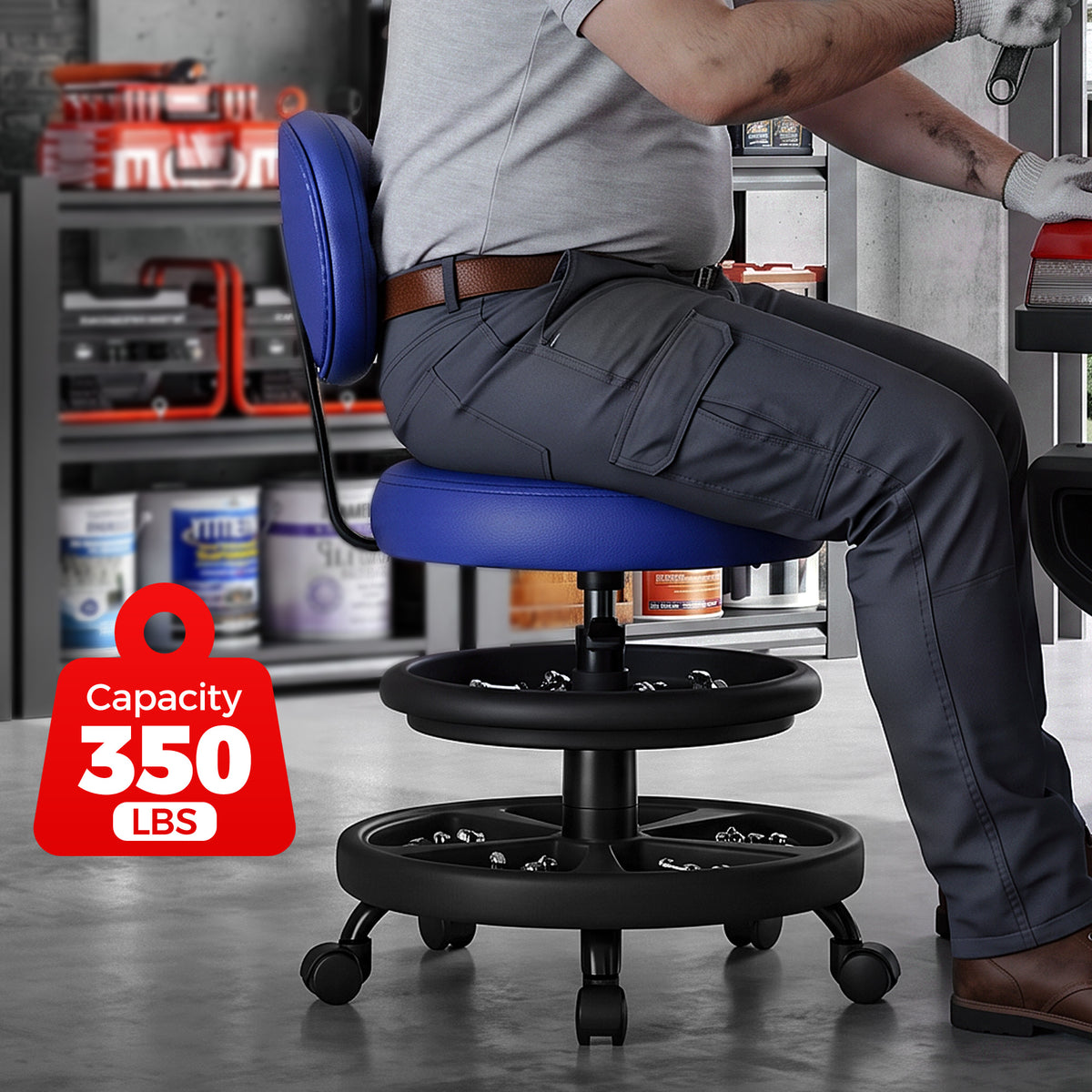 Rolling Shop Stool with Wheels, Adjustable Height Heavy Duty Garage Stool with Double Storage Tray, Garage Mechanic Stool Chair with Backrest for Workshop Kitchen Salon, Blue