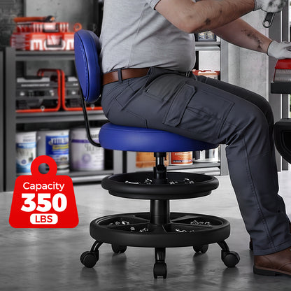 Rolling Shop Stool with Wheels, Adjustable Height Heavy Duty Garage Stool with Double Storage Tray, Garage Mechanic Stool Chair with Backrest for Workshop Kitchen Salon, Blue