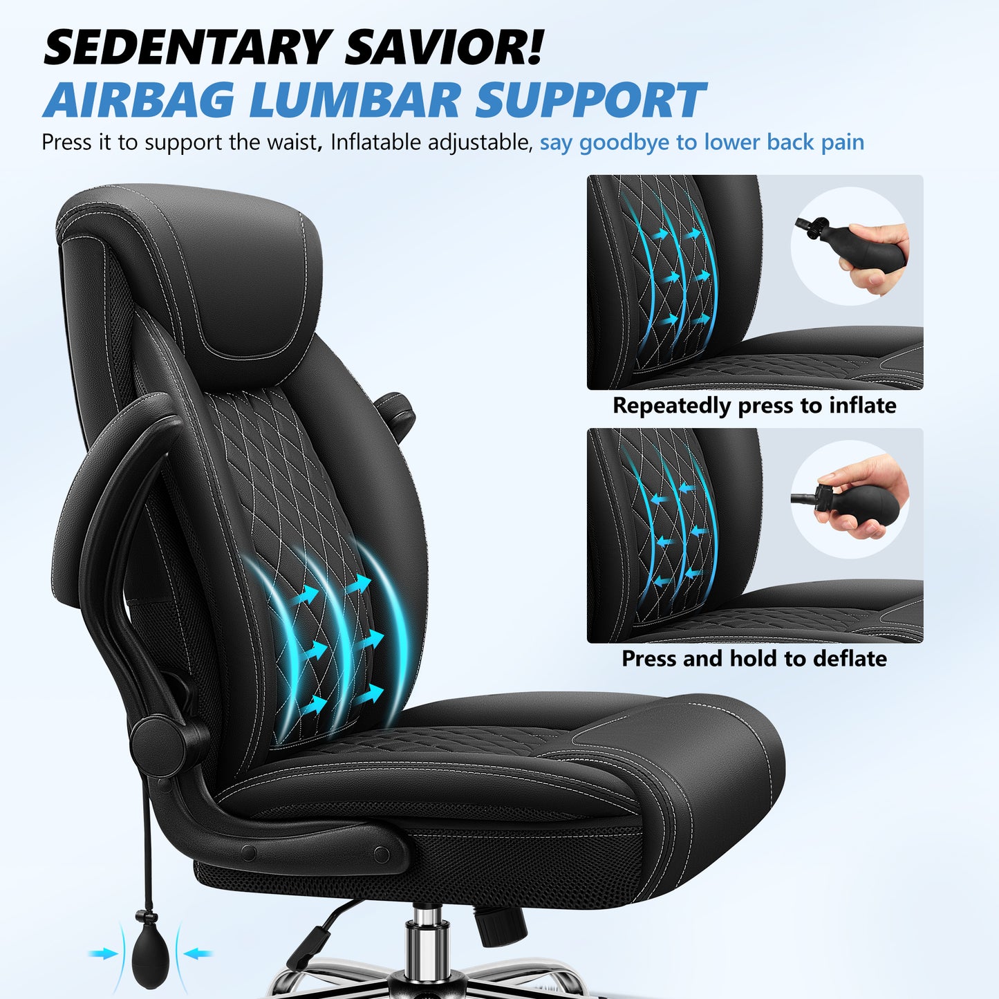 Model 5201 Office Chair, Big and Tall Ergonomic Desk Chair, Executive Leather Computer Chair with Adjustable Lumbar Support, Comfy Gaming Chair with Flip Up Arms, Swivel PC Chair with Rocking Function