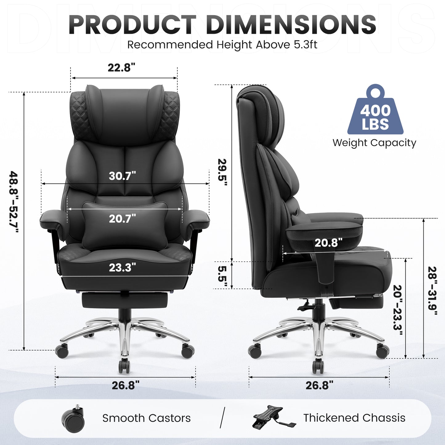 Model 309 Office Desk Chair, Big and Tall Leather Gaming Chair with Footrest, Wide Ergonomic Comfy Executive High-Back Reclining Computer Chairs, Swivel Rolling Wheels and Padded Lumbar Support