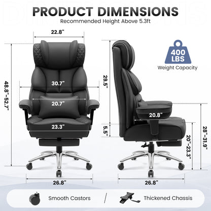 Model 309 Office Desk Chair, Big and Tall Leather Gaming Chair with Footrest, Wide Ergonomic Comfy Executive High-Back Reclining Computer Chairs, Swivel Rolling Wheels and Padded Lumbar Support