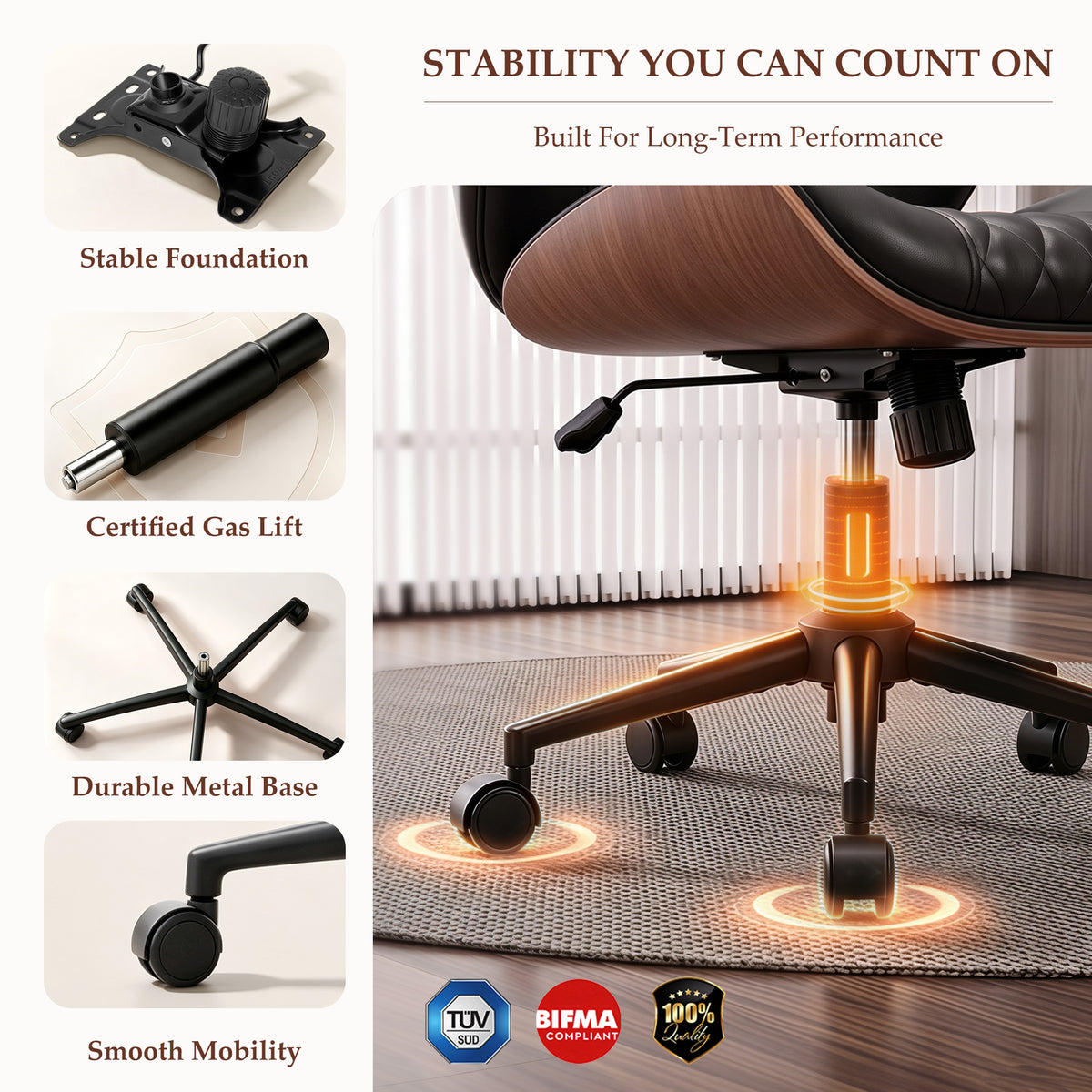 BestGlory Modern Faux Leather Office Chair, Armless Desk Chair, Home Office Diamond Stitching, Rocking, Walnut Accents, Adjustable Height, 360° Swivel, Rolling, 300 lbs Capacity, Computer Chair